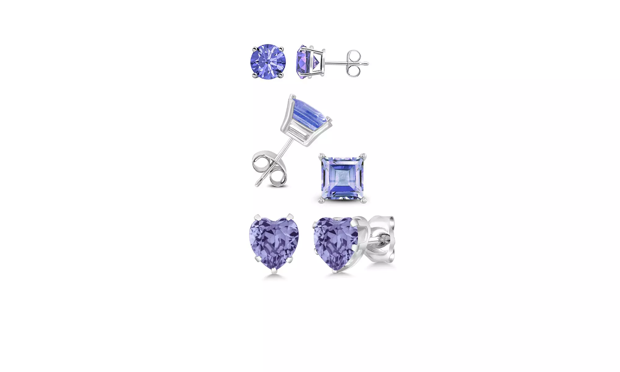 18k Gold 3Ct 8mm Tanzanite 3 Pair Round, Square and Heart Stud Earrings Plated - Primary Image