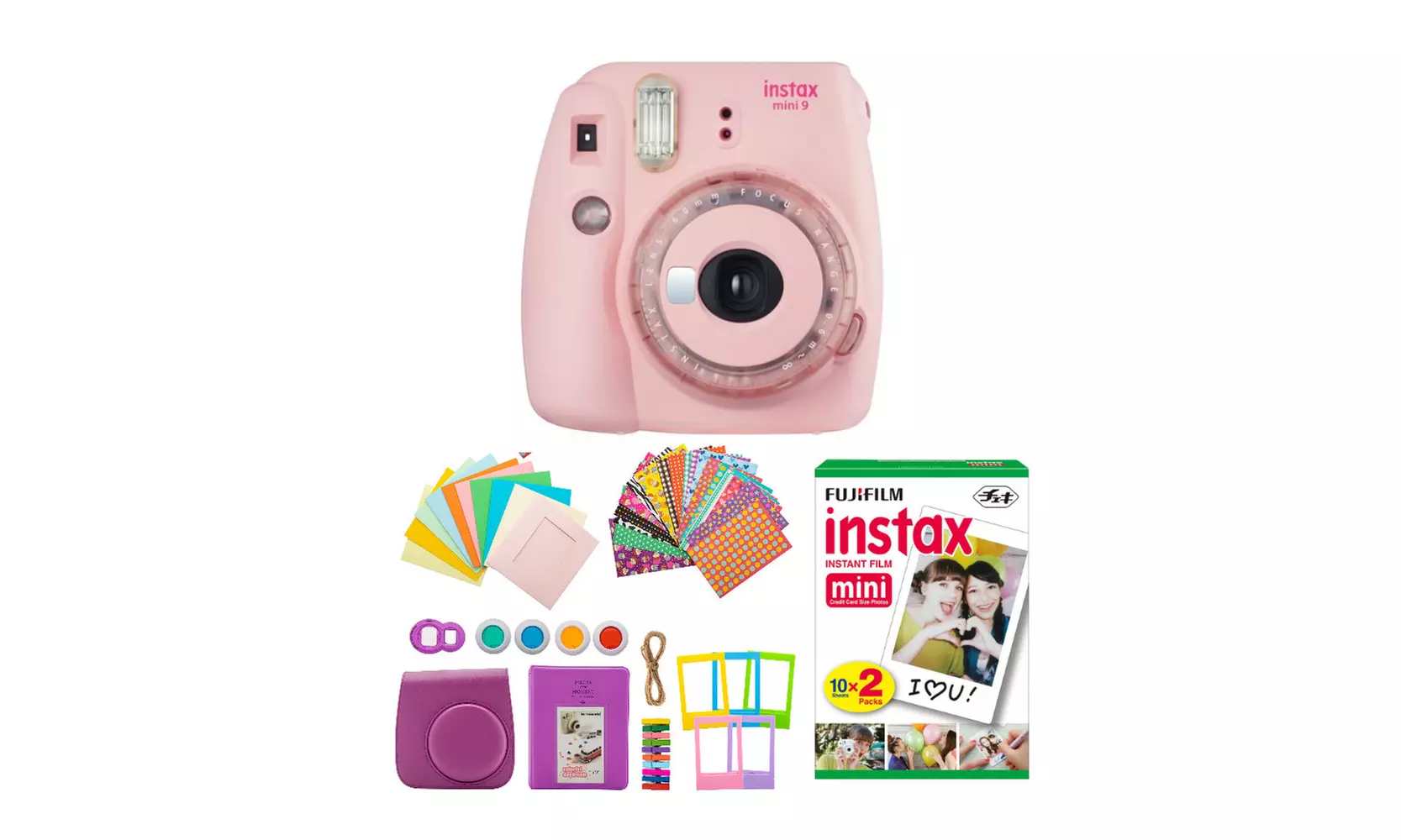 Fujifilm instax Mini 9 Instant Cam (Pink with Clear Accents) Purple Case Bundle - Primary Image