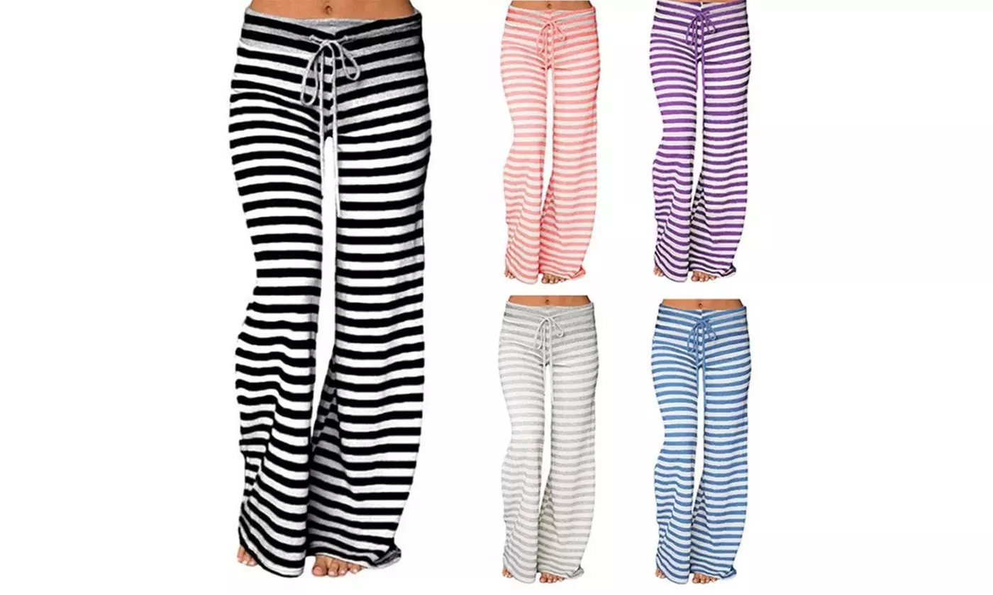 Fashion Striped Casual Long Pants Women Mid Waist Wide Leg Yoga Pants - Primary Image