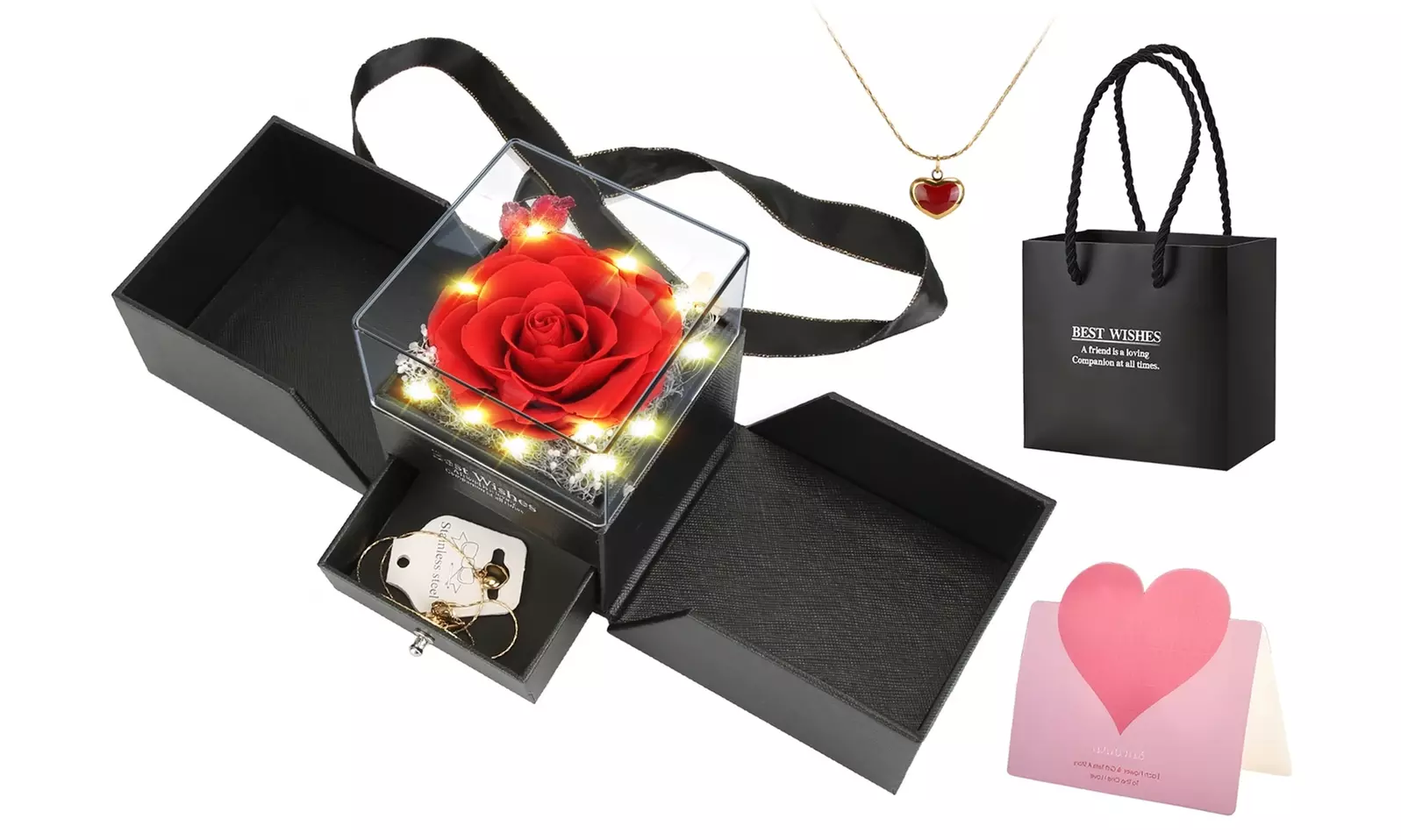 Laromni Preserved Red Rose Box with Heart Necklace - Valentines Day Gift