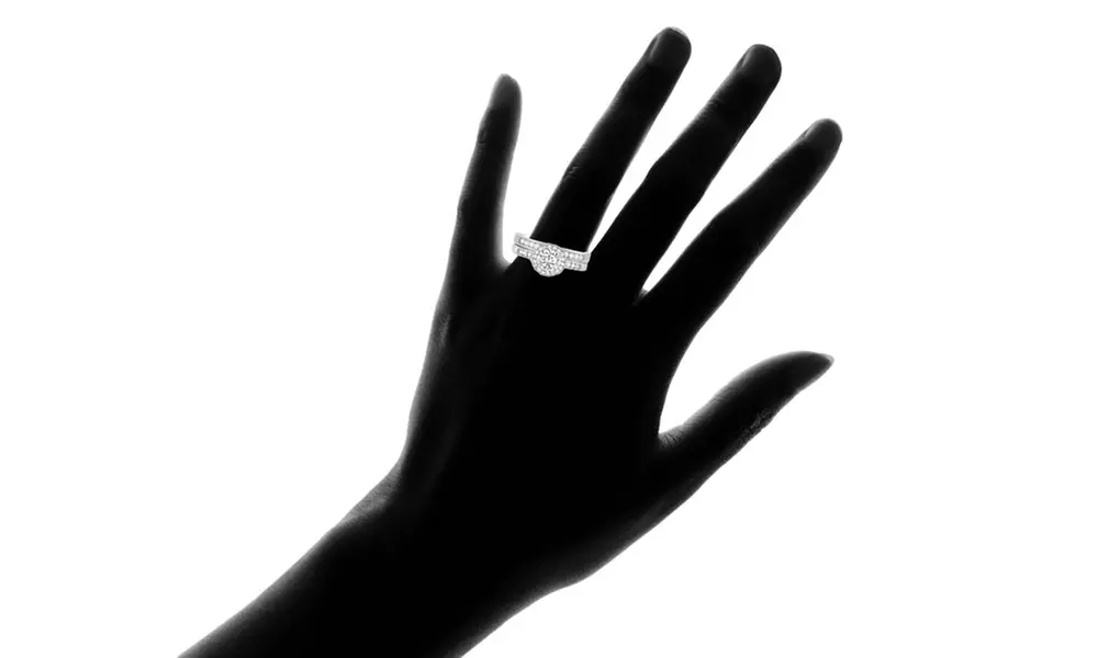 Solid Sterling Silver Halo Engagement Ring And Band Set