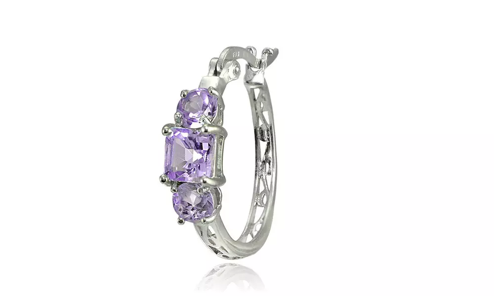 Sterling Silver Amethyst Three-Stone Filigree Hoop Earrings