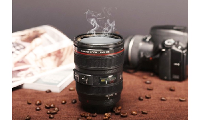 Camera Lens Coffee Mug- Travel Size Thermos Cup W/ Stainless Steel - Black