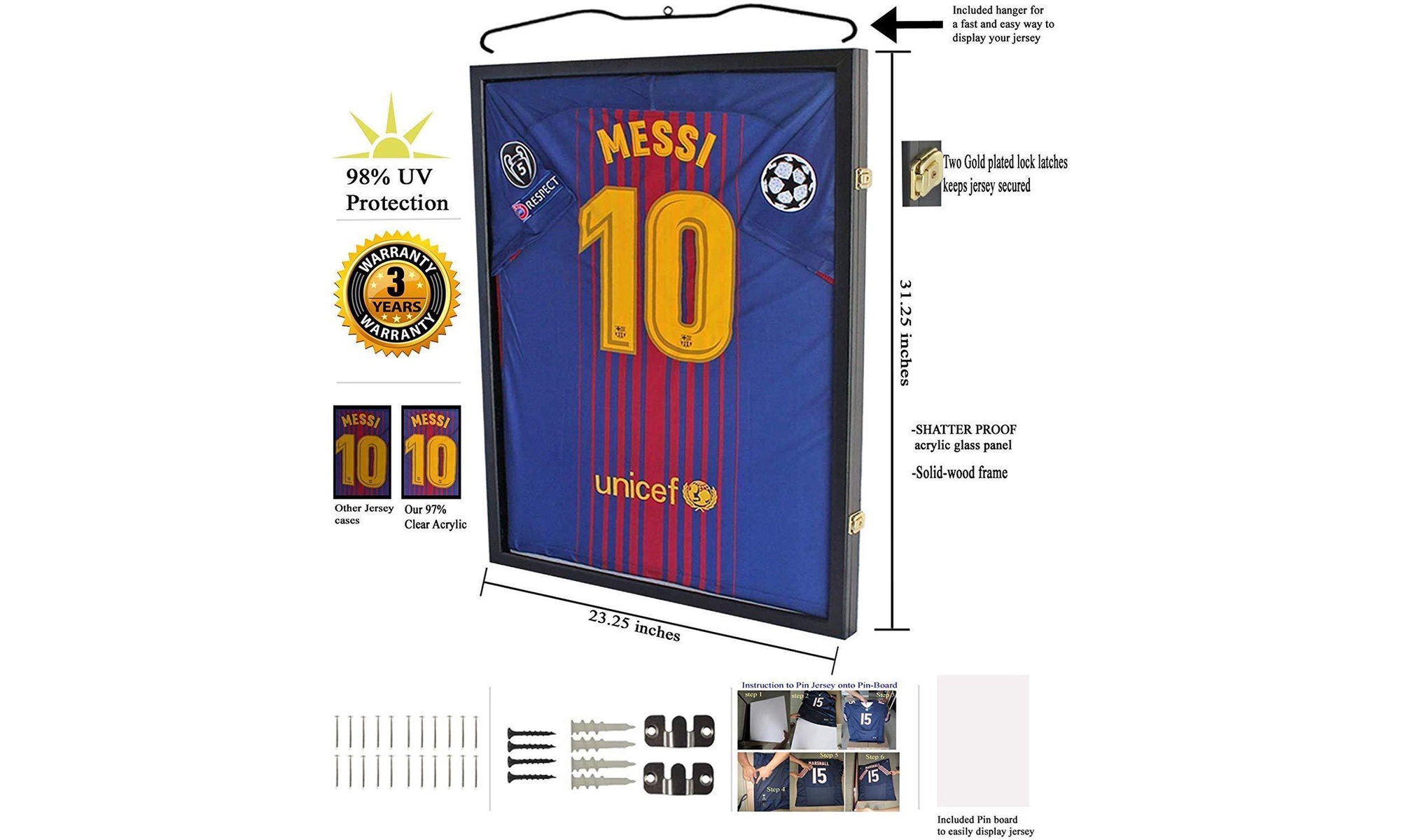 Wall Mounted Jersey Display Frame UV Protection and Metal Hanger - Primary Image