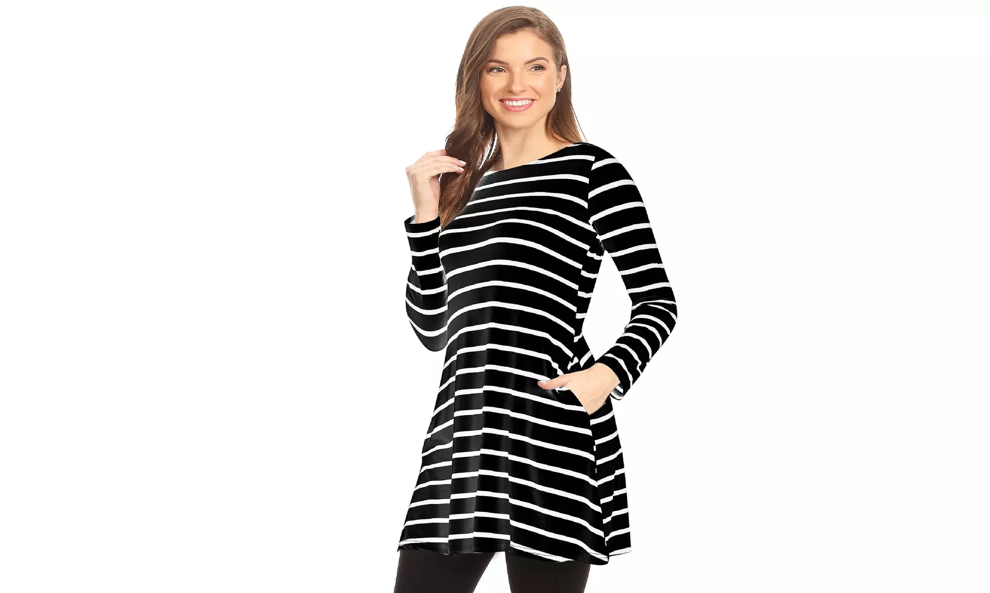 Striped A-Line Pockets Long Sleeves Relaxed Fit Dress Tee Top