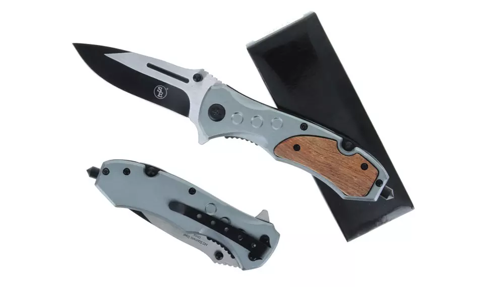 4.5" Matt W/Wood Insert Handle & Window Breaker Pocket Knife W/Clip