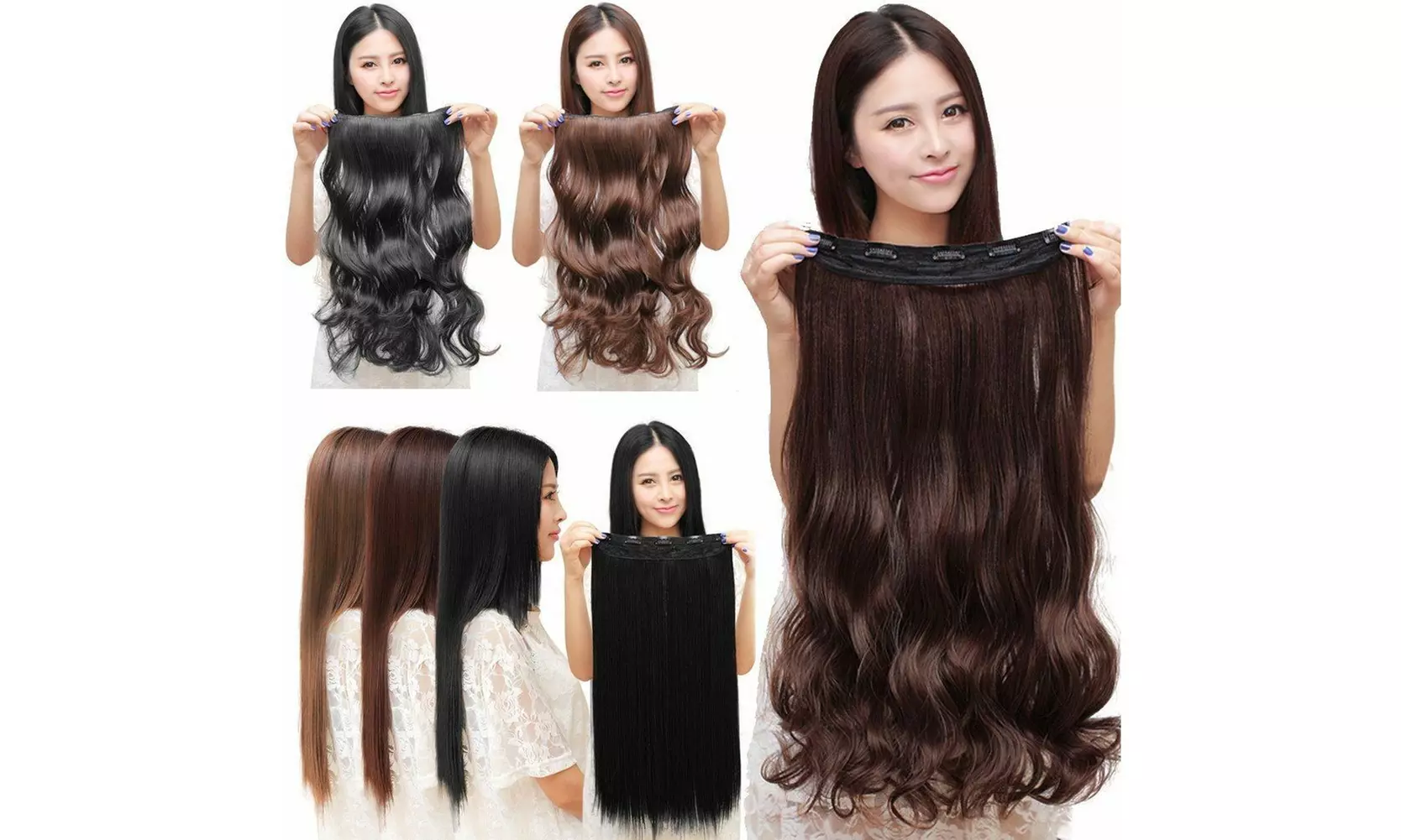 3/4 Full Head Hair Extensions Clip Straight Curly w/ 5 Clips, Long - Primary Image