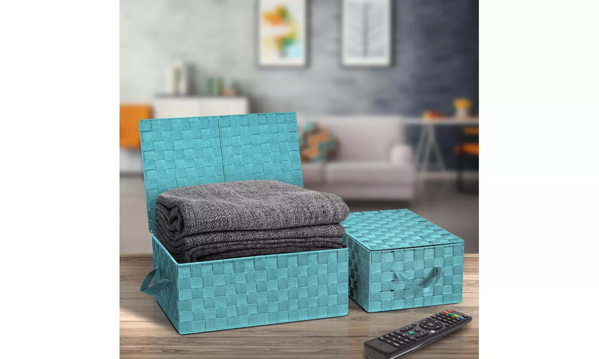 3-Pack Storage Box w/ Lid for Closet & Shelves - Woven Fabric Basket Organizer
