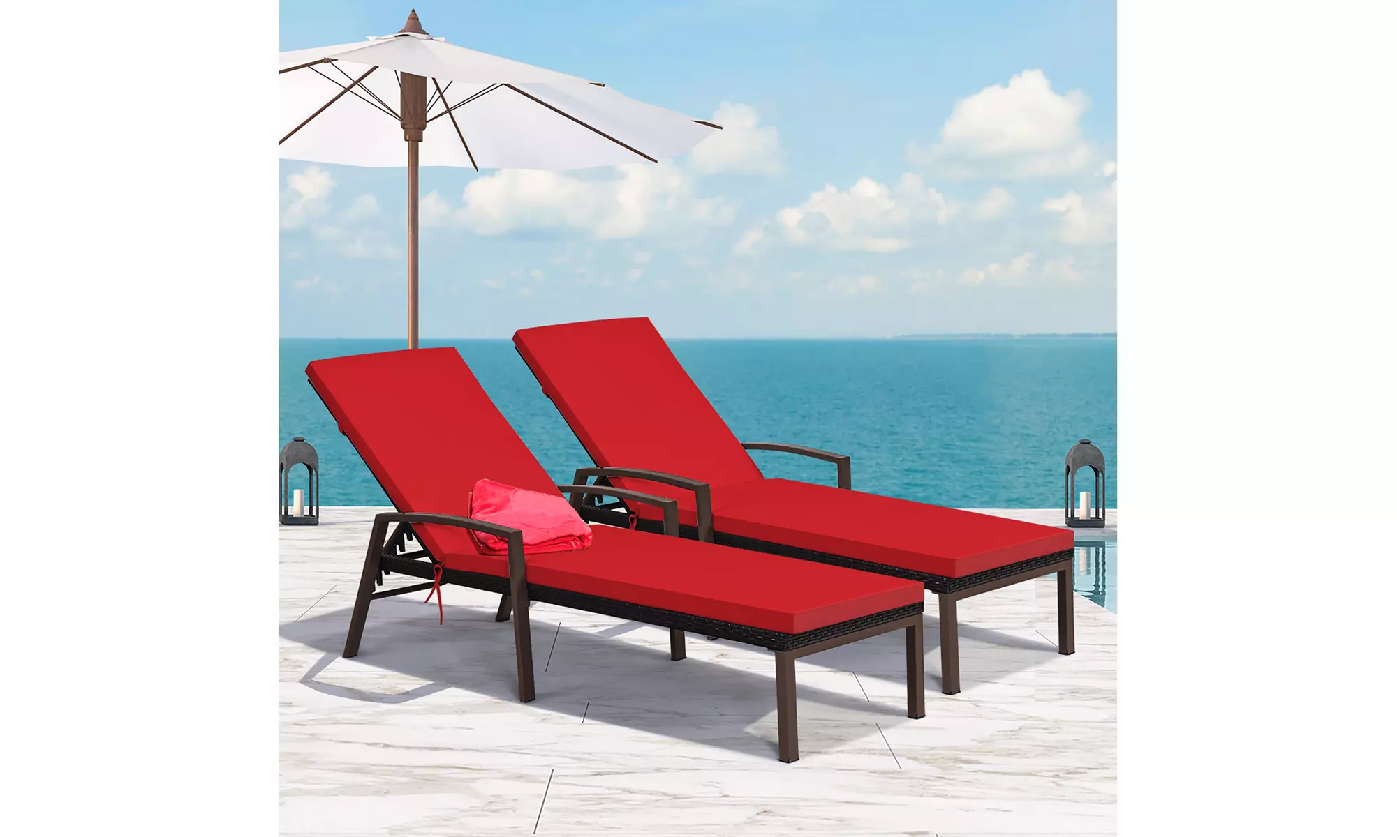 Costway 2PCS Patio Rattan Lounge Chair Chaise Recliner Back Adjustable Cushion