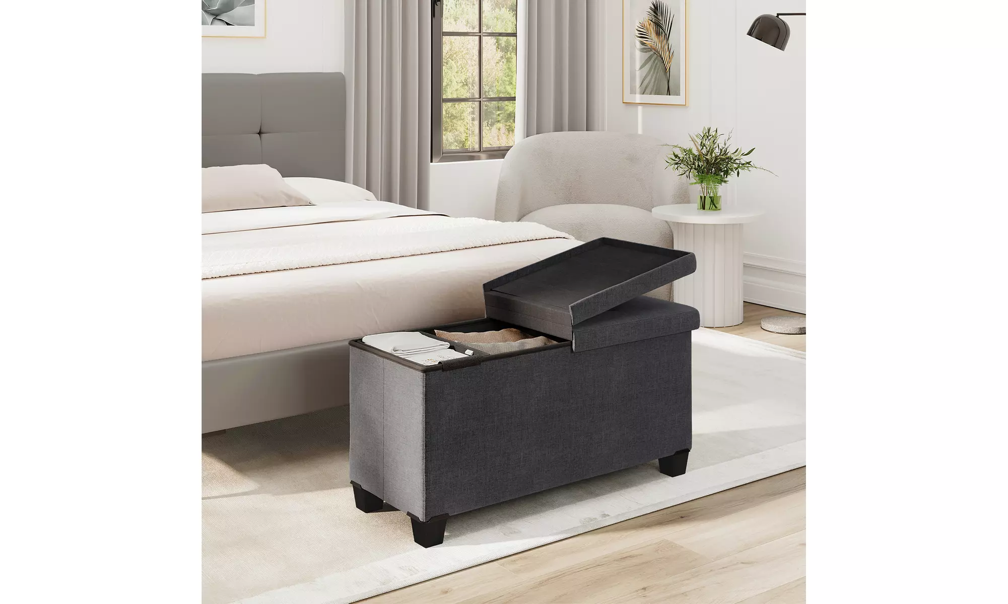 Nestl Storage Ottoman Bench with Storage Bins- 30 In. Linen Fabric Storage Bench
