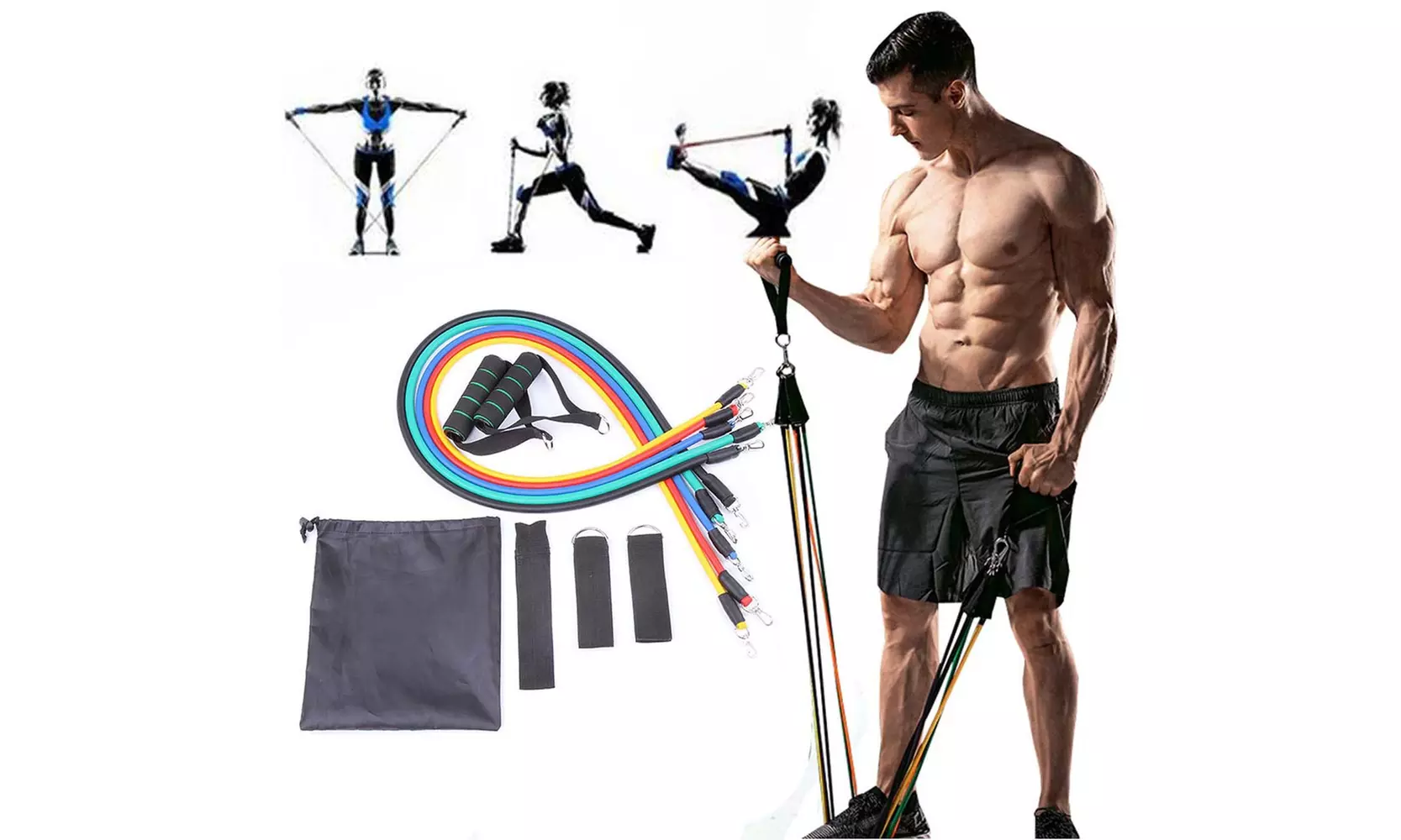 11 Pcs/Set Resistance Tubes Gym Fitness Exercise Workout Handles Yoga Bands - Primary Image
