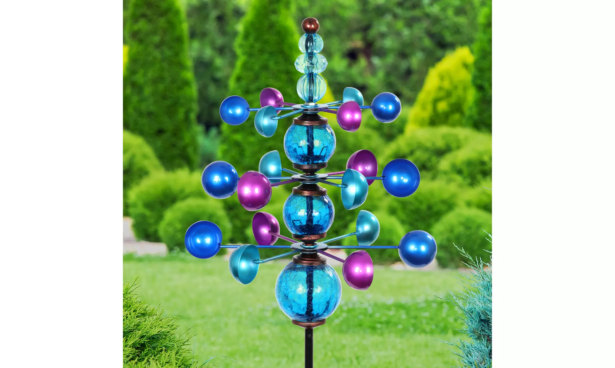 Exhart Three Tier Wind Spinner Garden Stake with Glass Crackle Balls - Primary Image