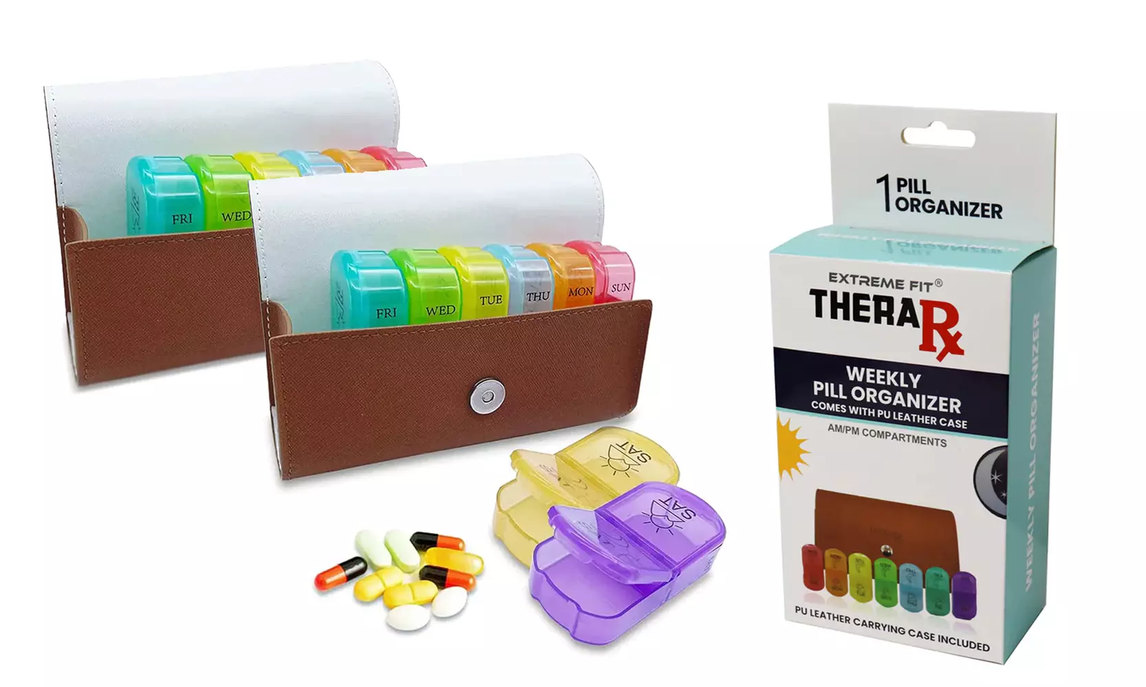 Weekly AM/PM Large Daily Pill & Vitamins Organizer w/ PU Leather Case for Travel - Primary Image