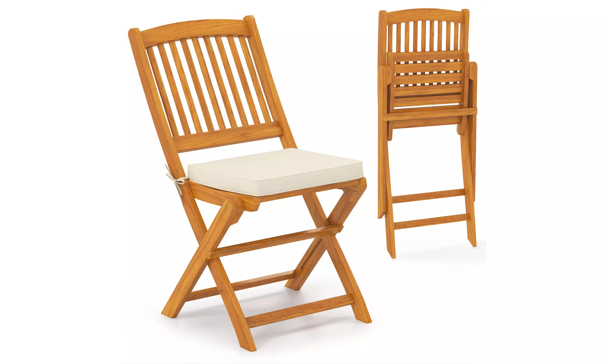 Costway Outdoor Folding Chairs Acacia Wood High-Back Chair with Seat Cushions