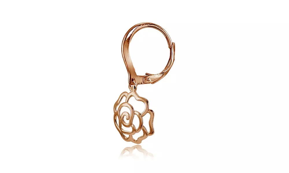Rose Gold Flashed 925 Silver High Polished Open Rose Dangle Leverback Earrings