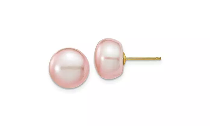 14k Yellow Gold Plated Pink Button Freshwater Cultured Pearl Stud Post Earrings  - Second Medium