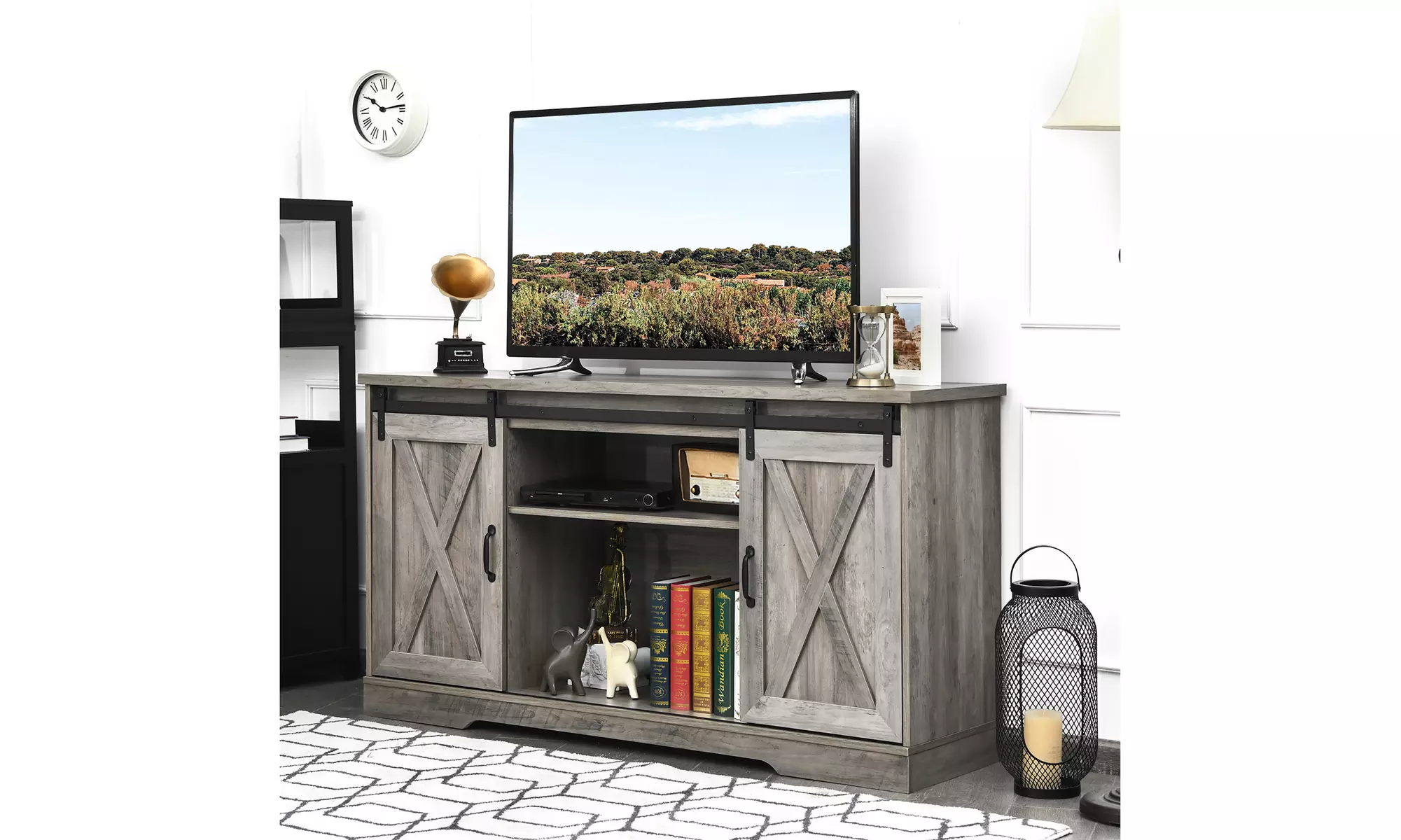 Costway 59'' Farmhouse TV Stand Sliding Barn Door Cabinet w/ Adjustable Shelf
