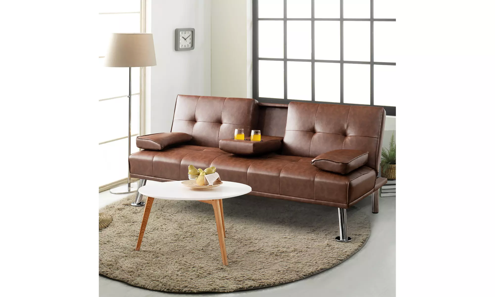 Costway Convertible Folding Futon Sofa Bed Leather w/Cup Holders&Armrests - Primary Image