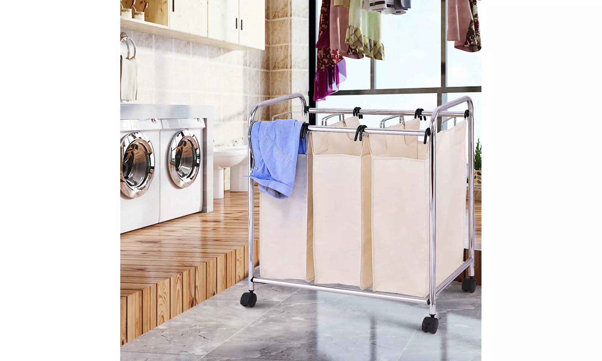 Laundry Cart Basket Triple Bag Sorter Bathroom Hamper Bins Clothes Storage - Primary Image