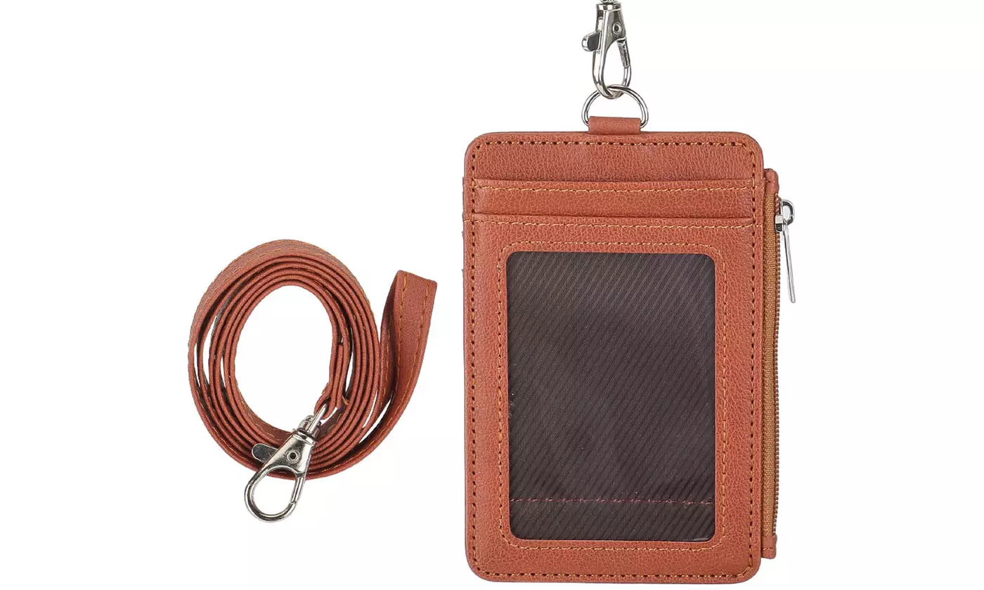 PU Leather Detachable Neck Lanyard ID Badge and Card Holder