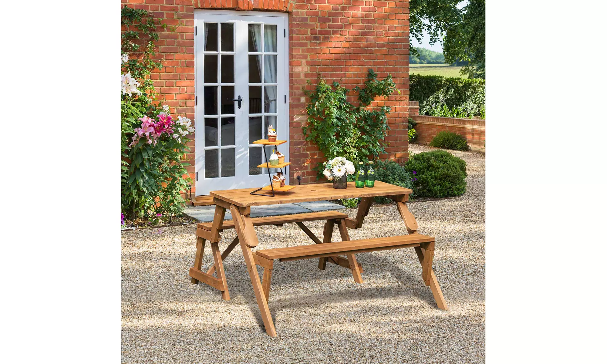 Costway 2-in-1 Transforming Interchangeable Wooden Picnic Table Bench W/Hole - Primary Image