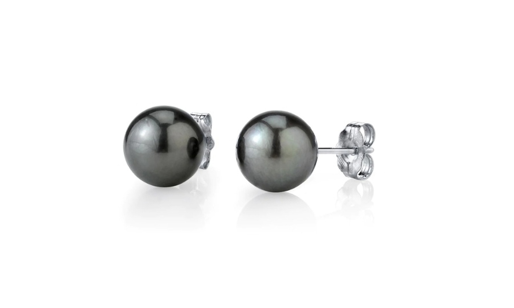 White Gold Plated Round 8 MM Black Freshwater Cultured Pearl Stud Earrings