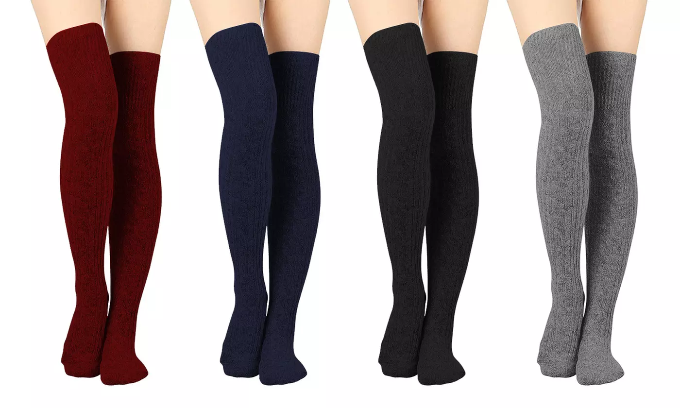 2Pairs Womens Cable Knit Thigh High Socks Over-the-Knee Stockings Winter Warm - Primary Image