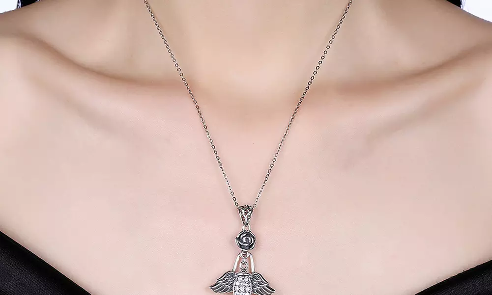 0.925 Sterling Silver White Crystal Floral Wing Necklace  - Second Medium