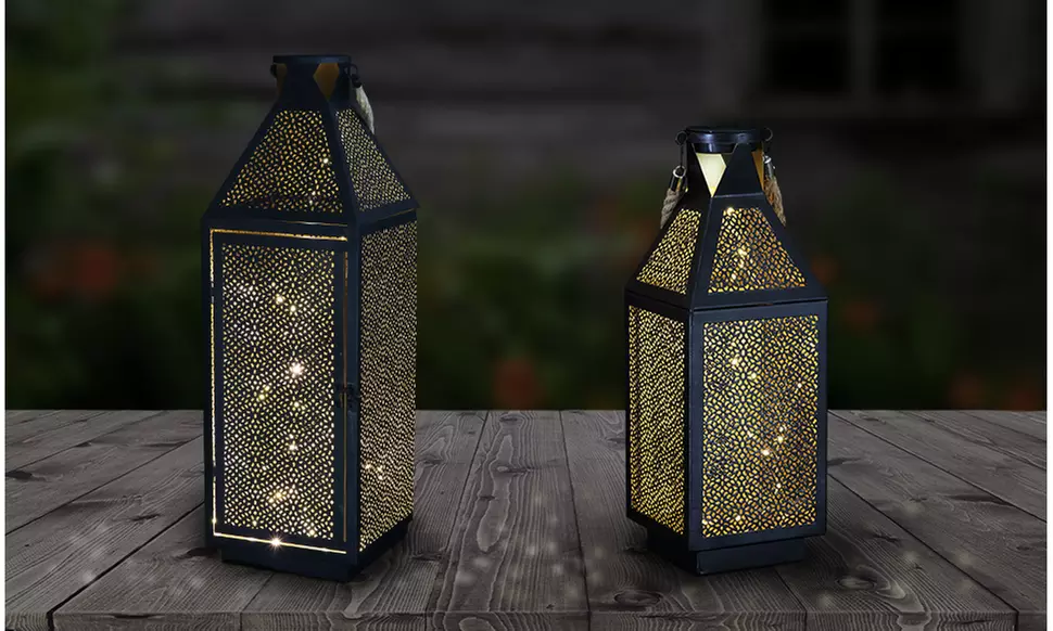 Exhart Black Metal Filigree Lantern with LED Lights on a Battery Timer - Primary Image