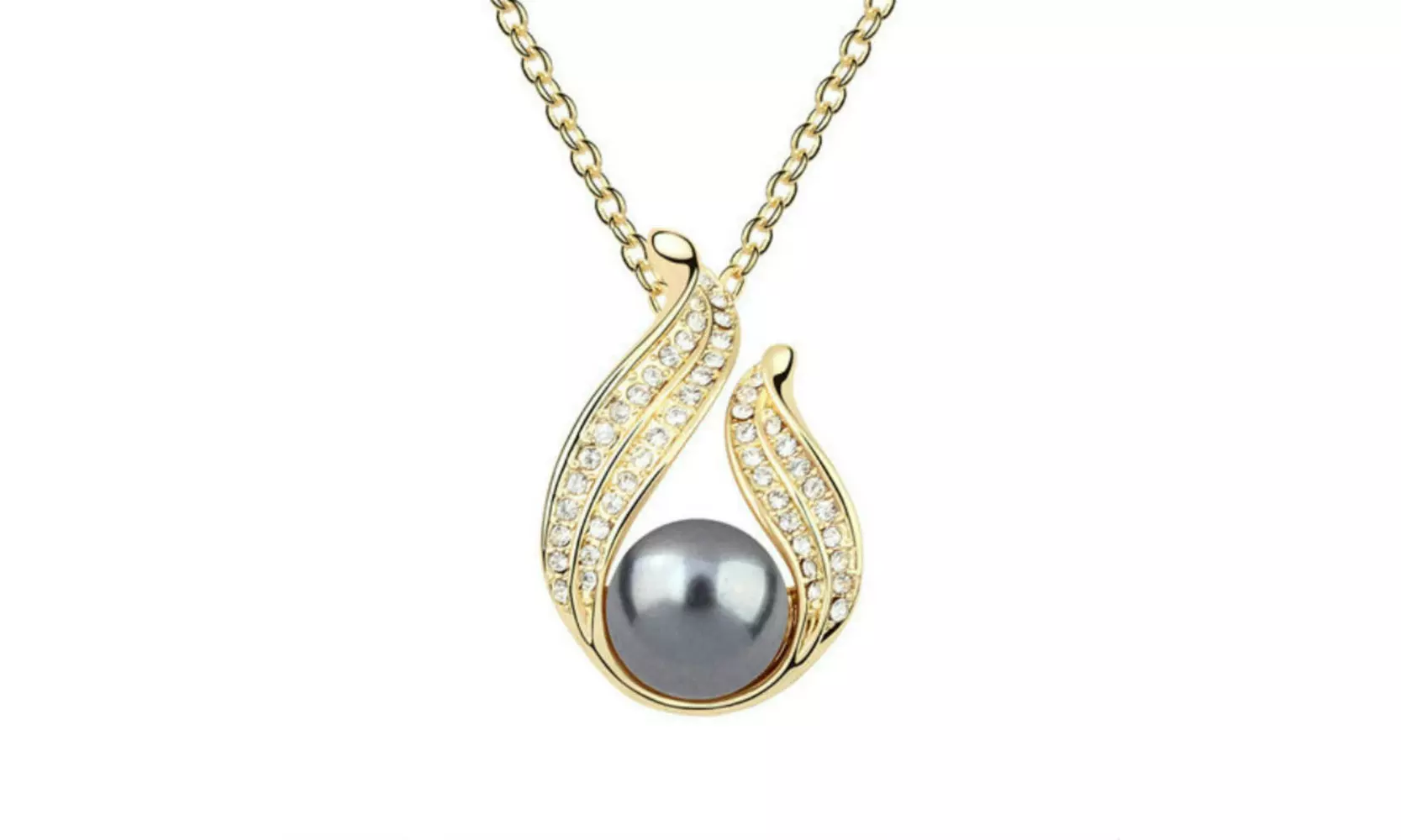 18K Gold Plated Black Created Pearl Drop Cubic Zirconia Necklace Jewelry - Primary Image