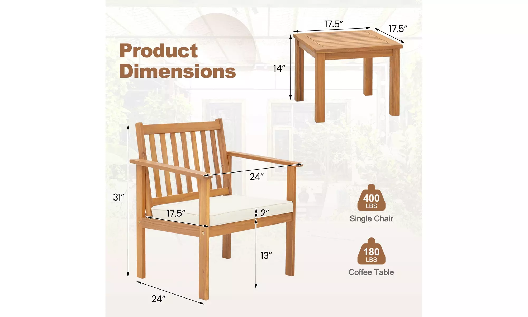 Costway 3 PCS Patio Wood Furniture Set Acacia Wood Chairs & Coffee Table