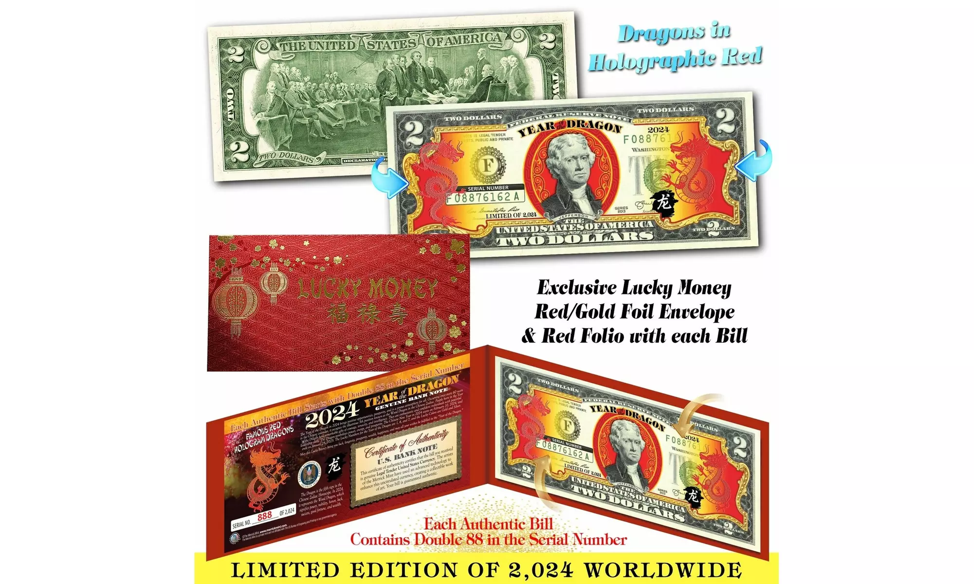 2024 Year of the DRAGON Chinese New Year RED Hologram 2 Dollar Bill-Ltd of 2,024 - Second Medium
