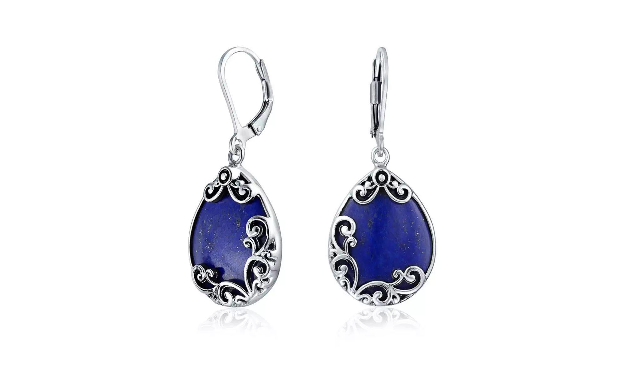 .925 Silver Lapis Teardrop Scroll Dangle Leverback Earrings - Second Medium