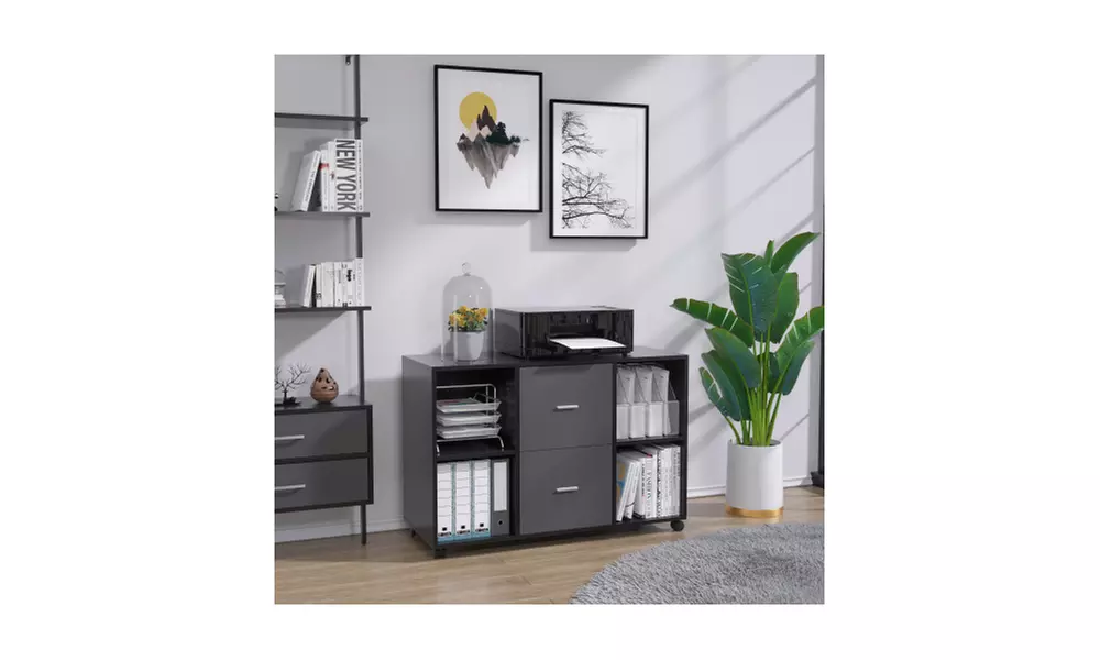 2 Drawer Wooden horizontal filing cabinet with 4 open storage shelves - Second Medium