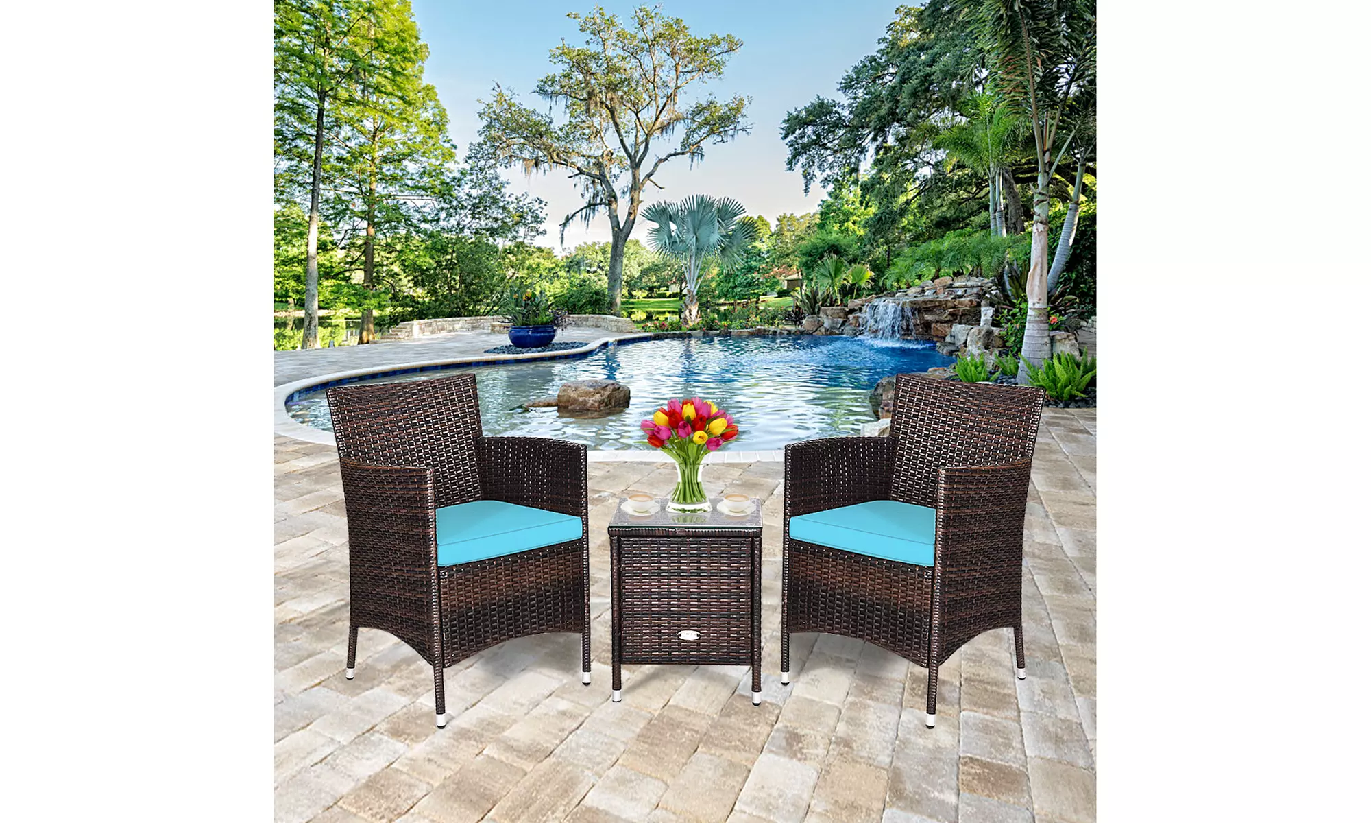 Costway Outdoor 3 Piece Rattan Wicker Furniture Sets Blue - Primary Image