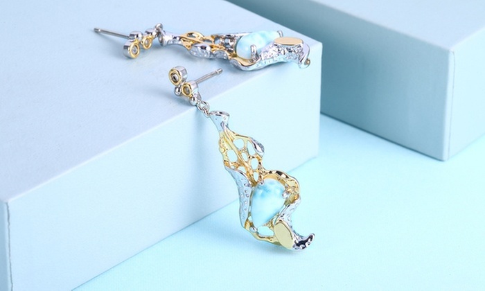 Genuine Larimar Two-Tone Drop Earrings 