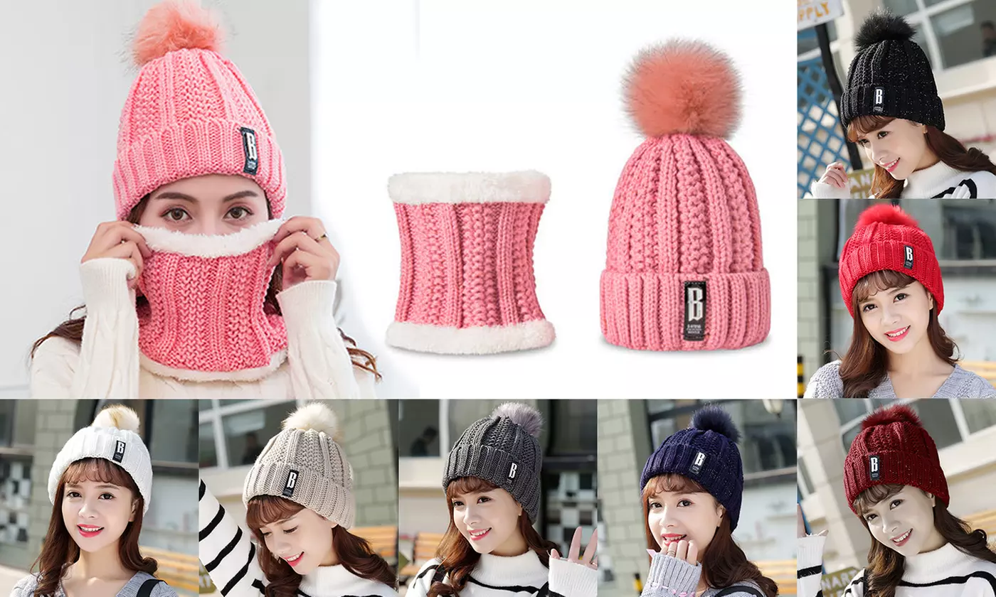 Women Knit Beanie Scarf Hat Set Thick Winter Pompom Hat - Primary Image