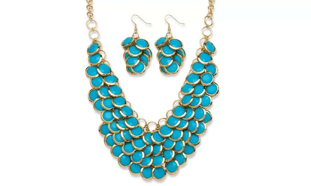 Aqua Bib Necklace and Cluster Earrings Set in Yellow Gold Tone - Primary Image