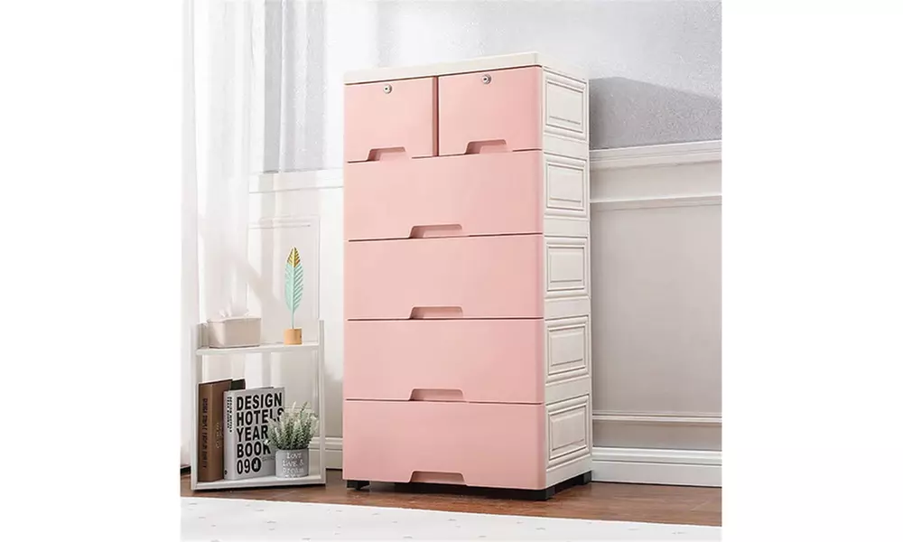 6 Drawer Plastic Dresser With Wheels Storage Cabinet Tower - Image 6