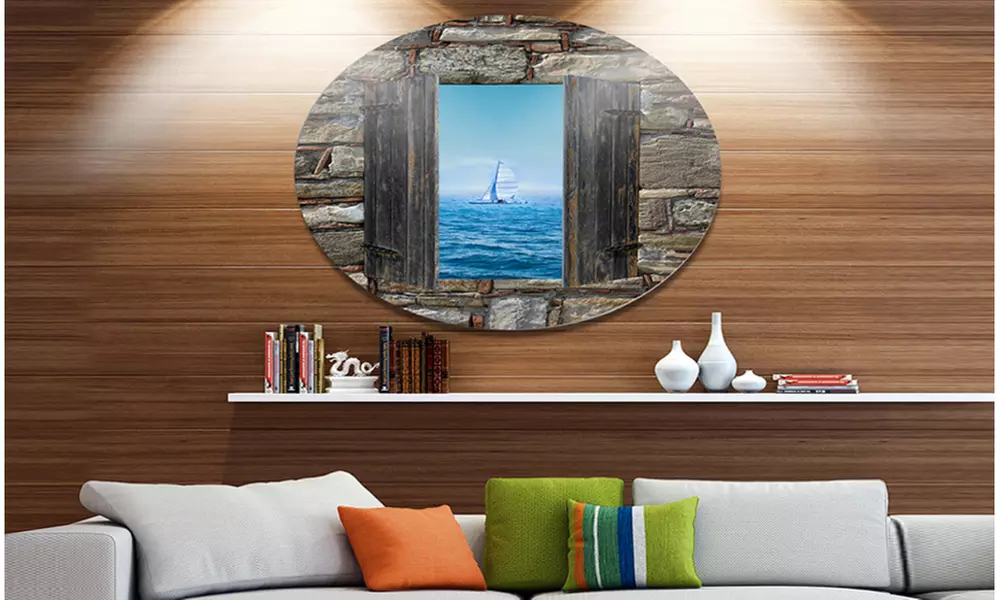 Window Open To Sailing Boat' Ultra Vibrant Seascape Metal Circle Wall Art - Primary Image
