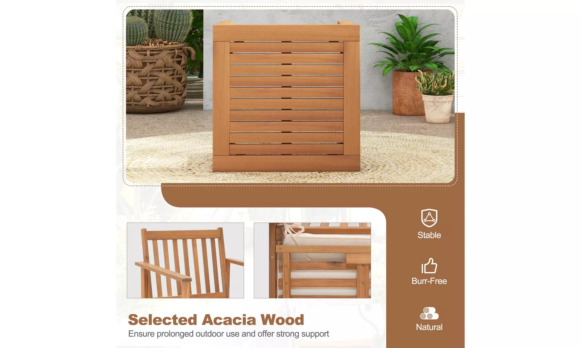 Costway 3 PCS Patio Wood Furniture Set Acacia Wood Chairs & Coffee Table