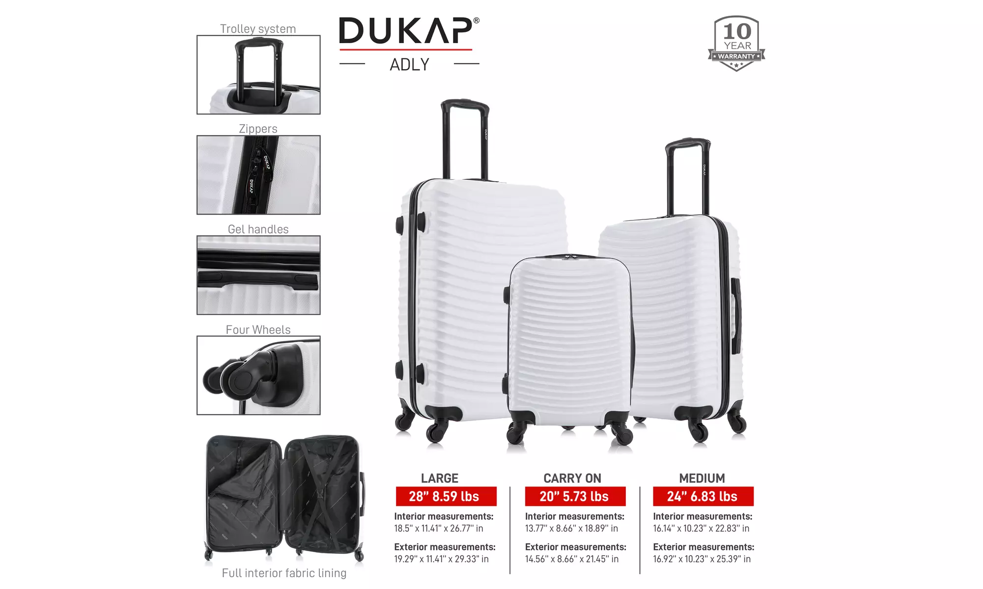 DUKAP Adly Lightweight Hardside Spinner 3 Piece Luggage Set 20"/24"/28"