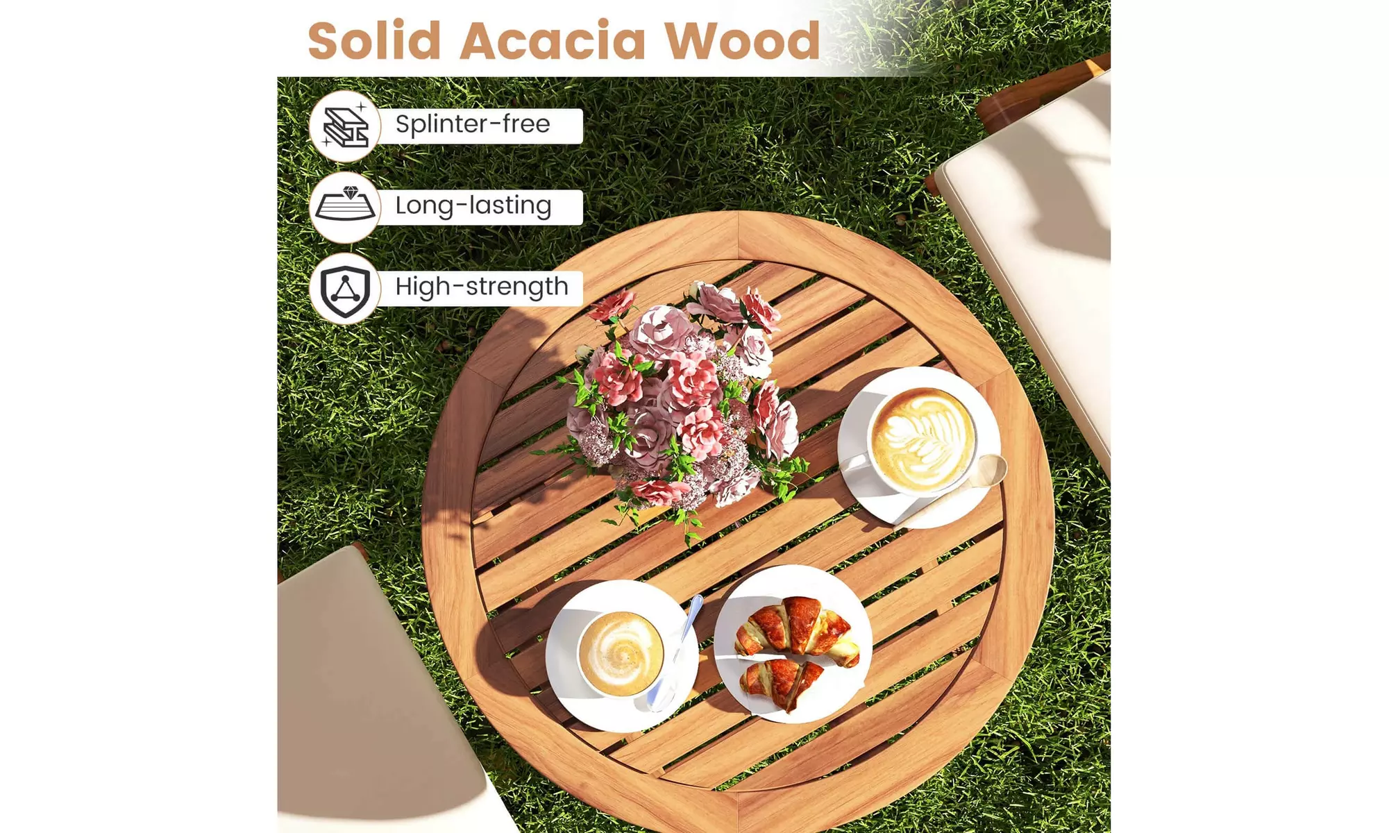 Costway 3 PCS Acacia Wood Patio Bistro Set Folding Outdoor Table and Chairs