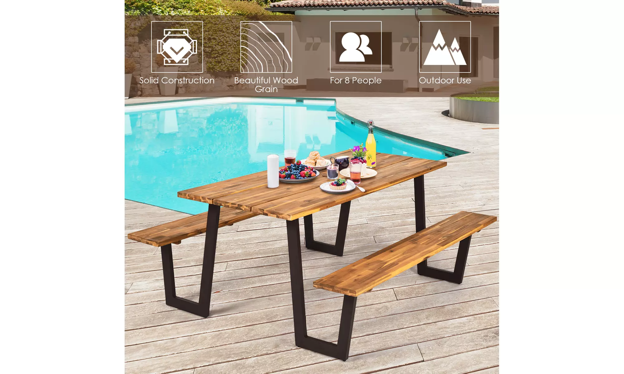 Picnic Table Bench Set Outdoor Camping Wooden 2 Built-in Benches w/Umbrella Hole