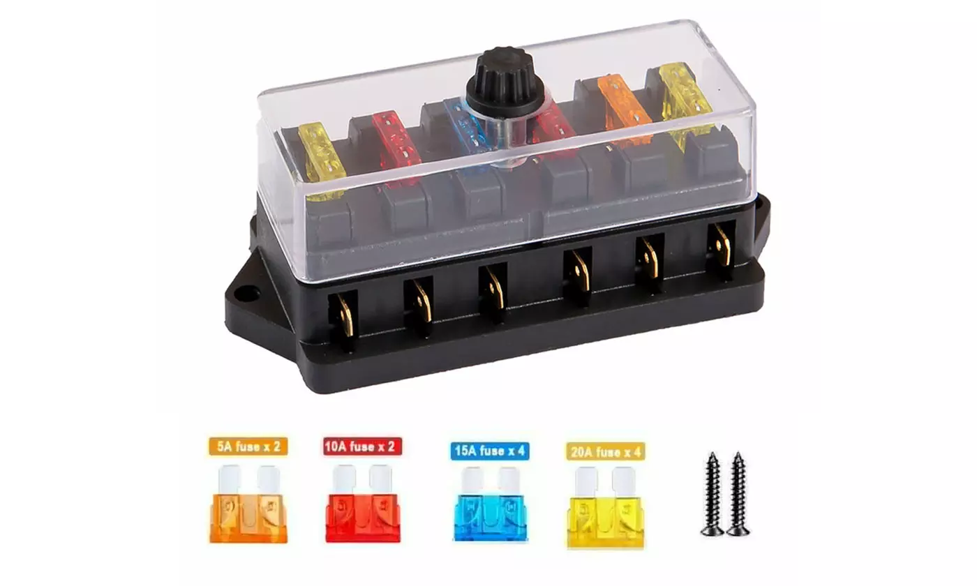 6 Way Car Boot Power Distribution 12-24V Blade Fuse Holder Box Block Panel Board - Primary Image