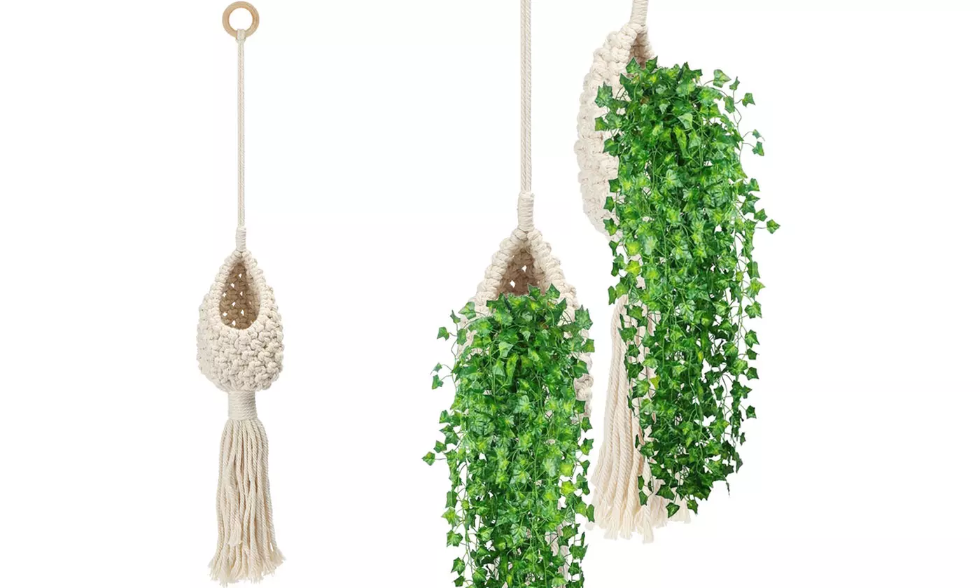 Cotton Rope Woven Macrame Hanging Planter Baskets Natural Flower Plant Pots - Primary Image