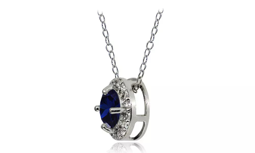 Blue Sapphire & White Topaz Round Halo Slide Pendant Necklace in Sterling Silver