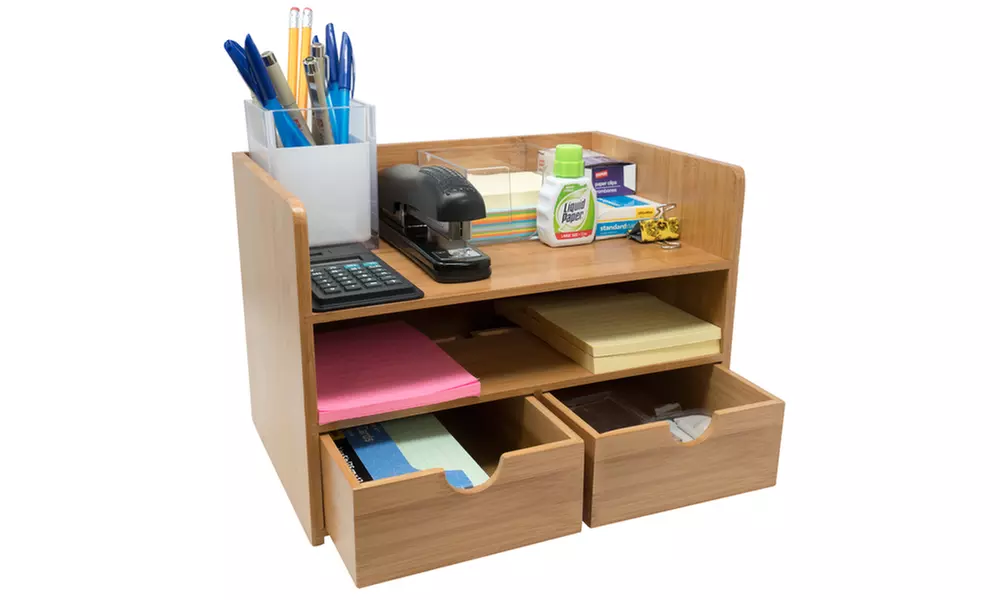 Sorbus 3-Tier Bamboo Shelf Organizer for Desk with Drawers - Primary Image