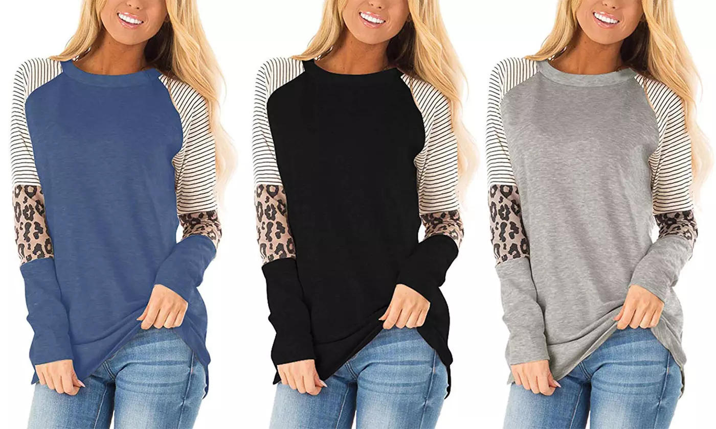 Women Long Sleeve Leopard Color Block Tunic Simple Stripe Round Neck Tops - Primary Image