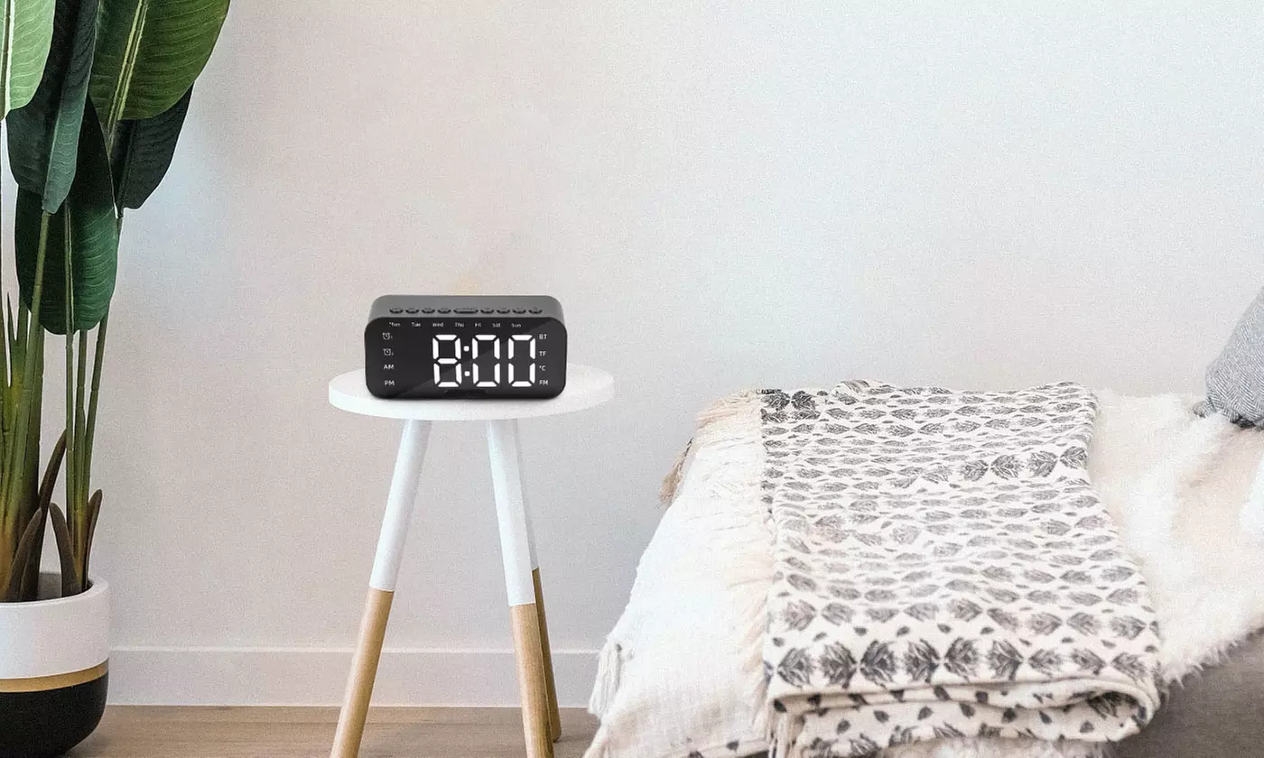 Portable Digital Alarm Clock FM Radio Wireless Bluetooth Mirror LED With Speaker